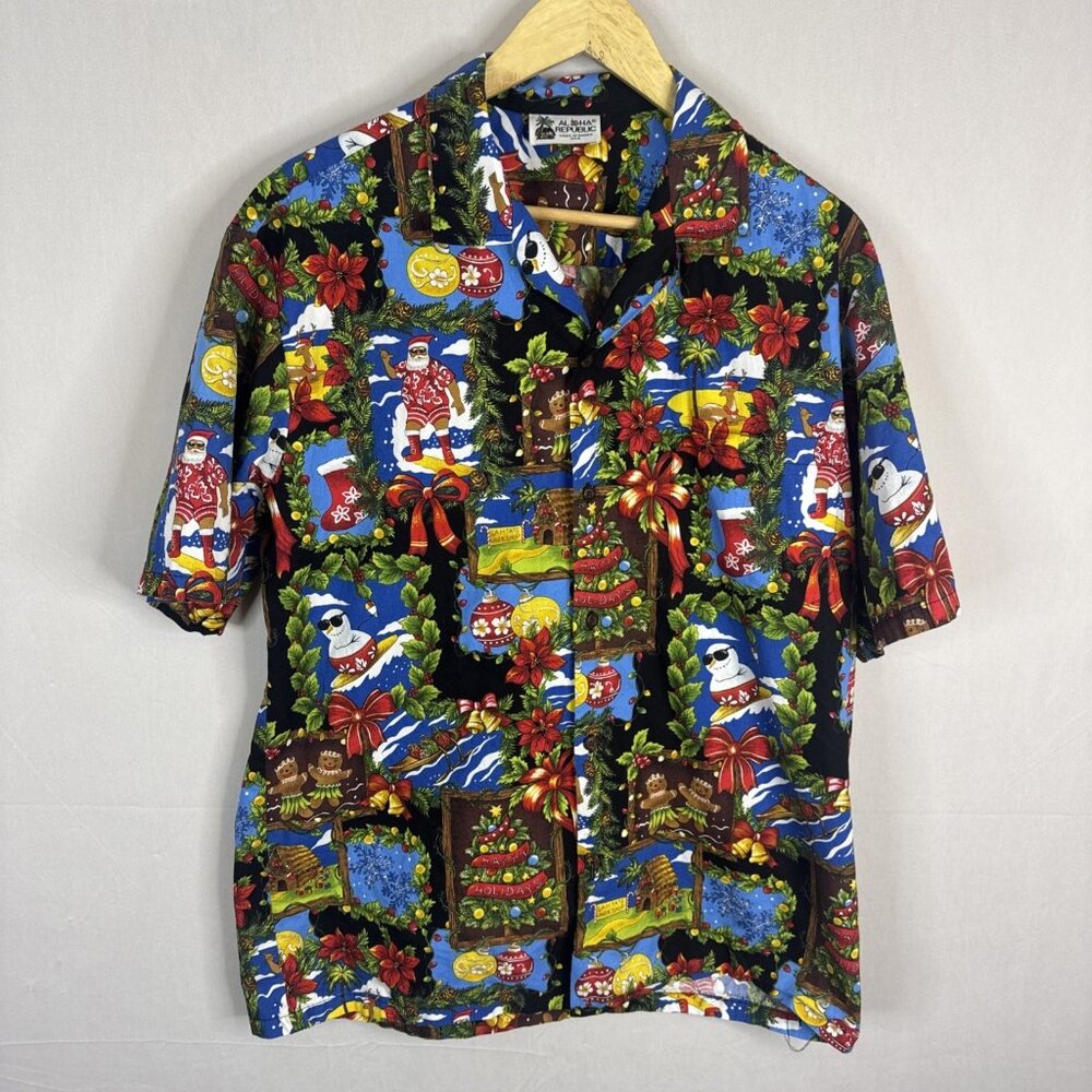 Aloha Republic Men M Hawaiian Christmas Shirt Surfing Santa Made In Hawaii
